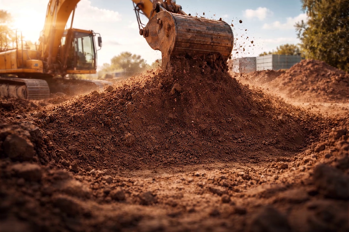 Bagger bei Bauarbeiten für Glasfaser-Netze und die Verlegung moderner Glasfaserkabel